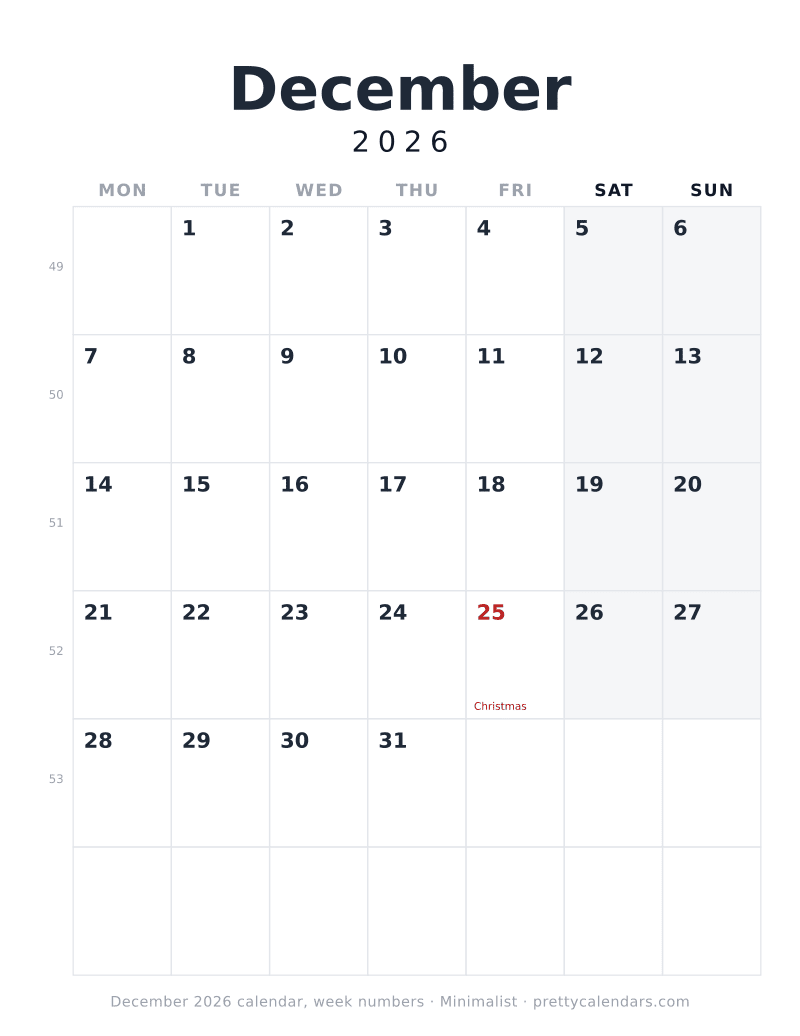 Printable December 2026 calendar with ISO week numbers and a Monday start, Minimalist style