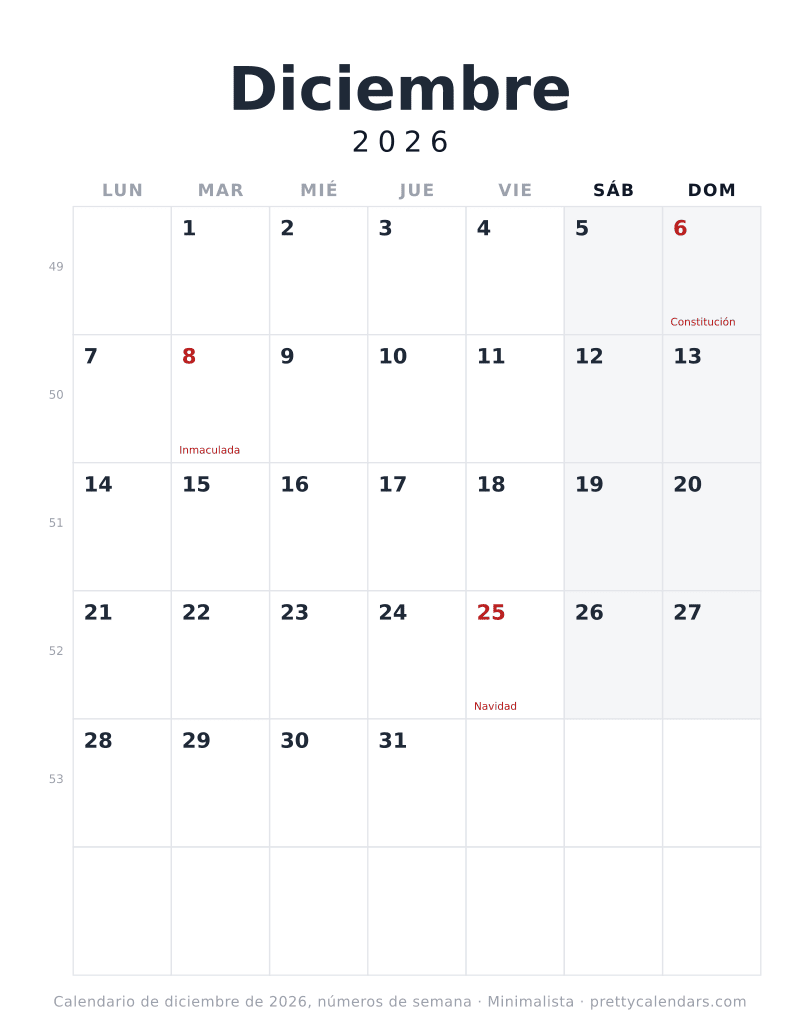 Calendario imprimible de Diciembre 2026 con números de semana e inicio en lunes, estilo Minimalista