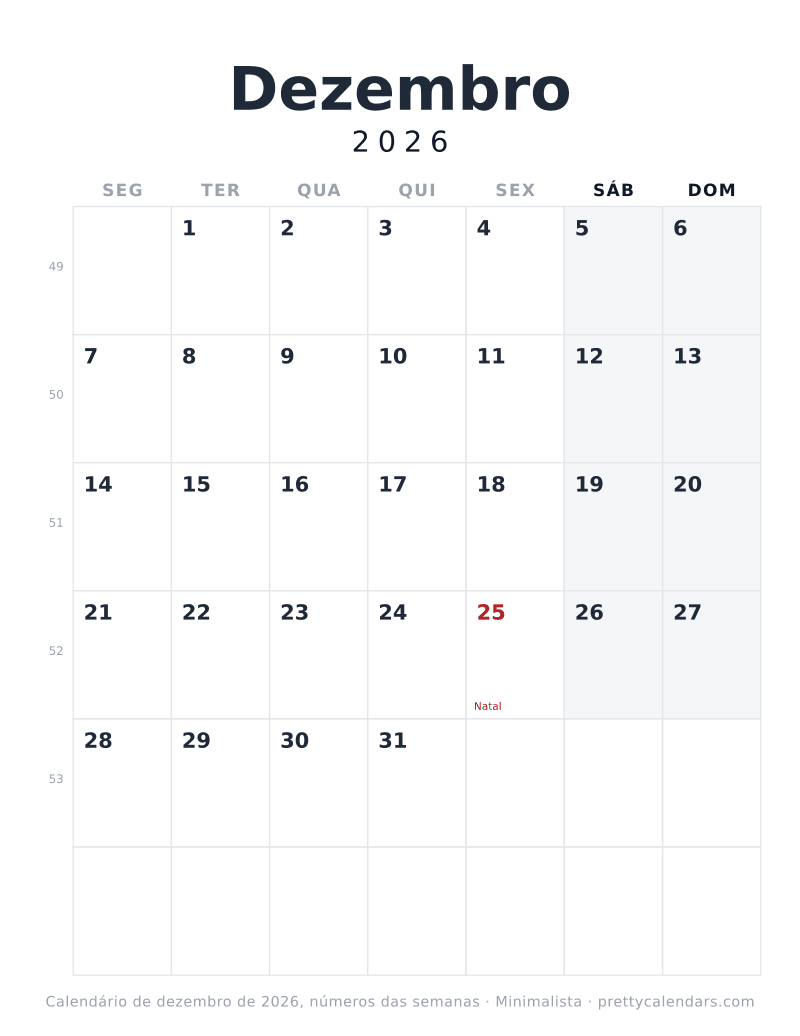 Calendário de Dezembro de 2026 para imprimir com números das semanas, estilo Minimalista