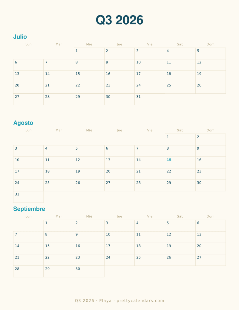 Calendario trimestral para imprimir con tres meses fechados en una hoja, estilo Playa