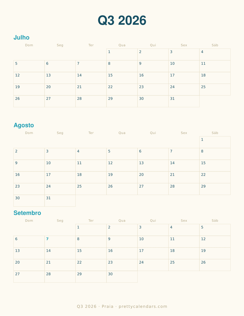 Calendário mensal para imprimir com três meses, estilo Praia