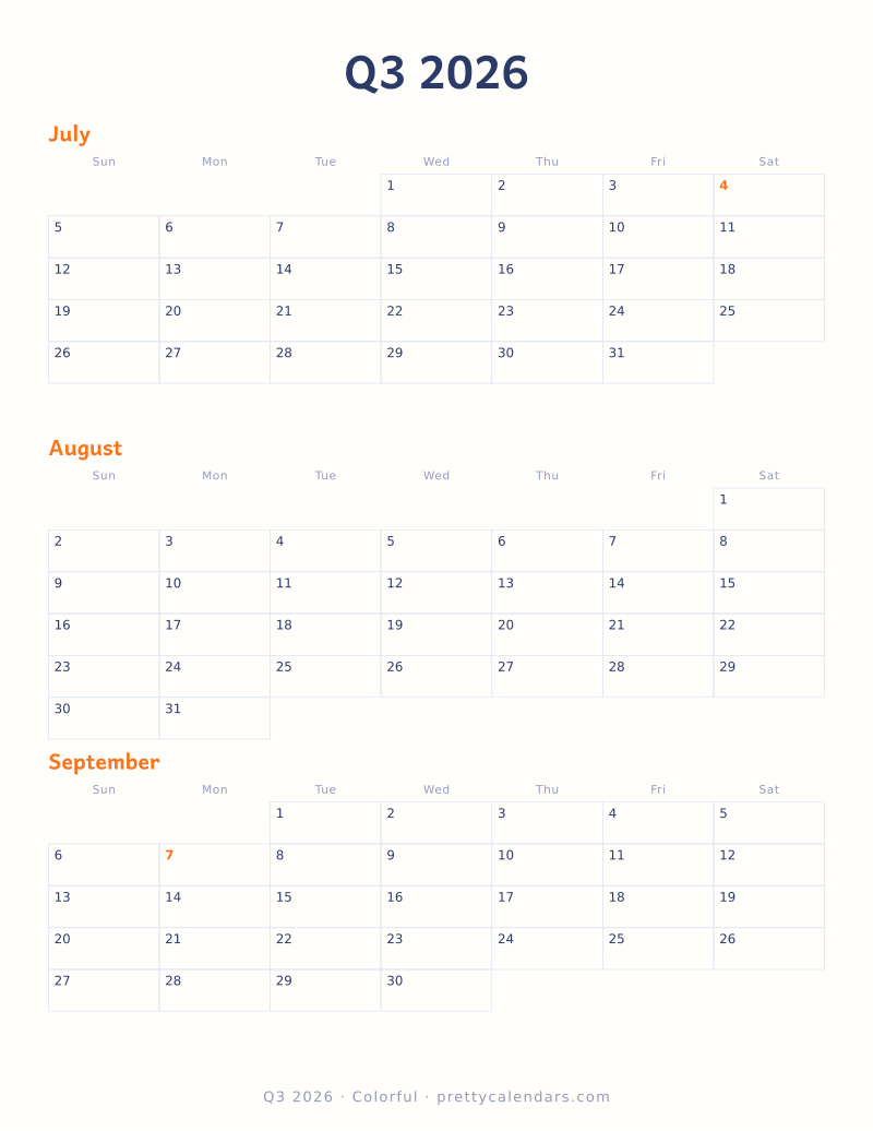 Printable quarterly calendar with three dated months on one page, Colorful style