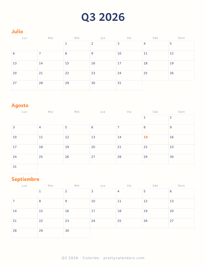 Calendario trimestral para imprimir con tres meses fechados en una hoja, estilo Colorido