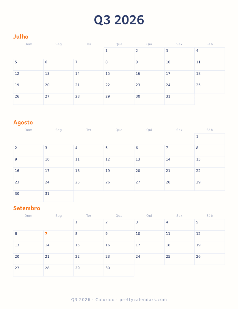 Calendário mensal para imprimir com três meses, estilo Colorido