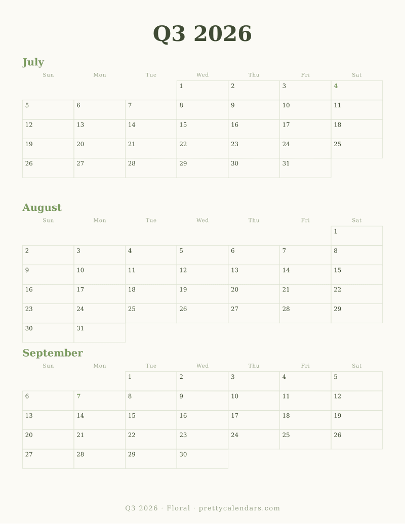 Printable quarterly calendar with three dated months on one page, Floral style