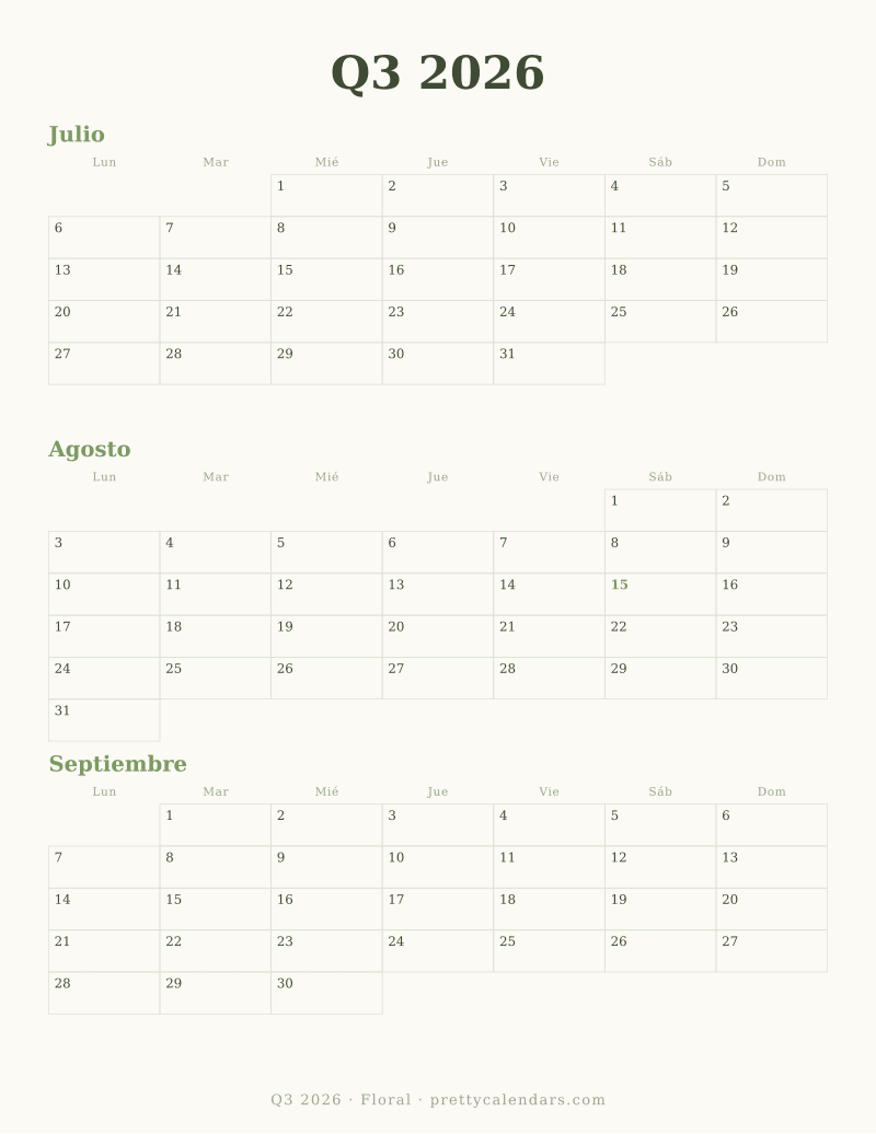 Calendario trimestral para imprimir con tres meses fechados en una hoja, estilo Floral