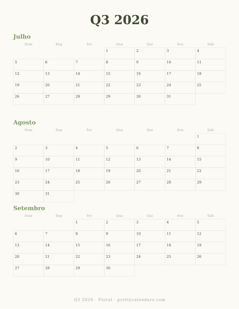 Calendário mensal para imprimir com três meses, estilo Floral