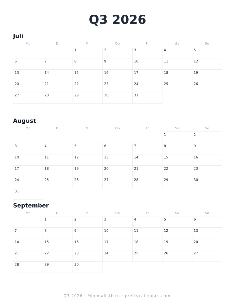 Druckbarer Dreimonatskalender Q3 2026, Design Minimalistisch