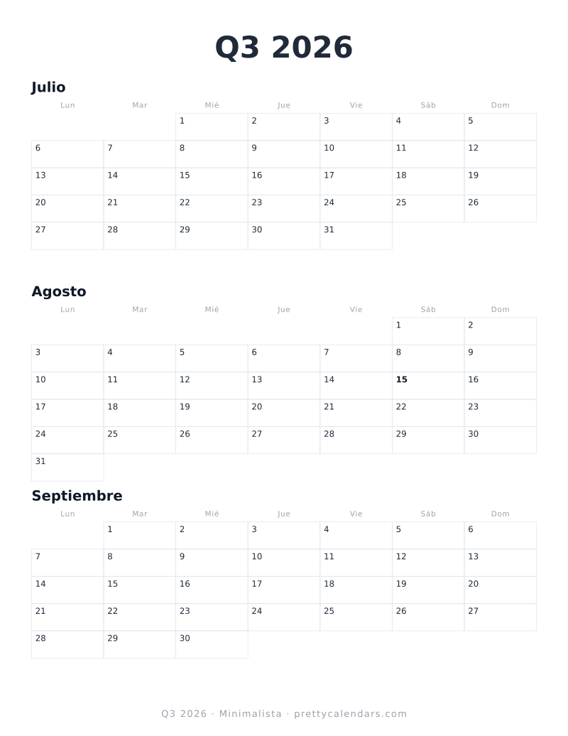 Calendario trimestral Q3 2026 para imprimir, estilo Minimalista