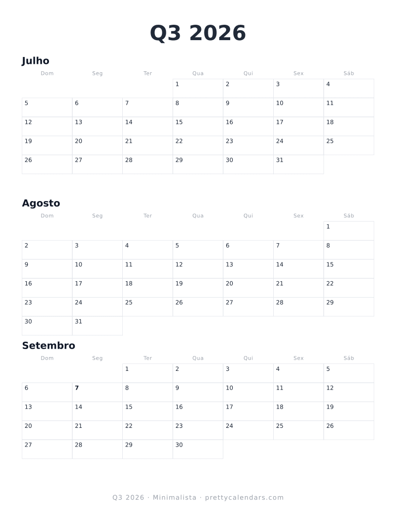 Calendário de três meses Q3 2026 para imprimir, estilo Minimalista