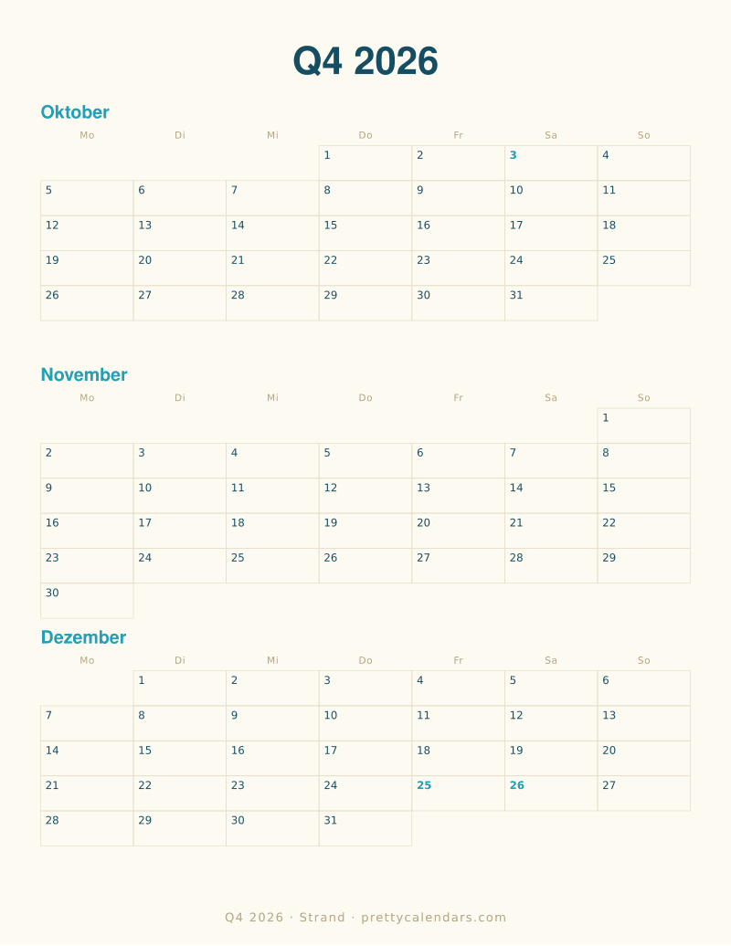 Druckbarer Monatskalender mit drei Monaten, Design Strand