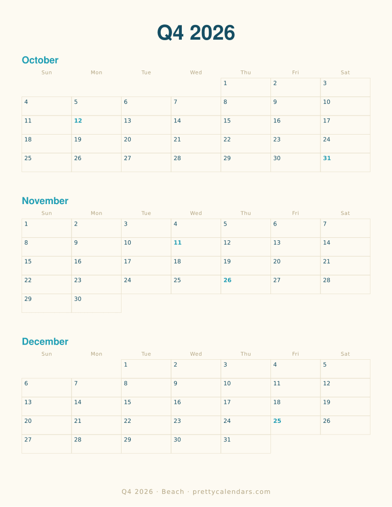 Printable quarterly calendar with three dated months on one page, Beach style