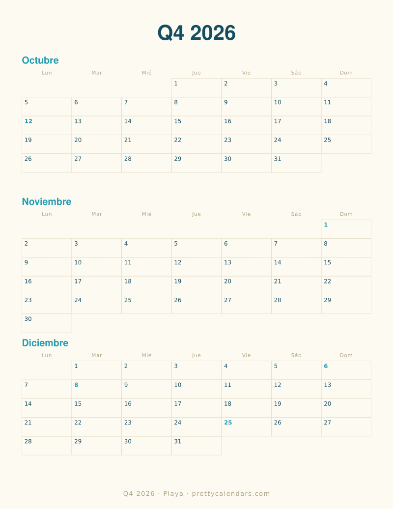 Calendario trimestral para imprimir con tres meses fechados en una hoja, estilo Playa