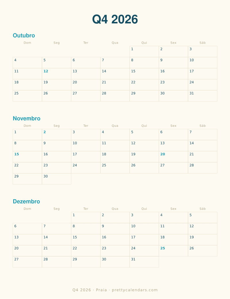 Calendário mensal para imprimir com três meses, estilo Praia