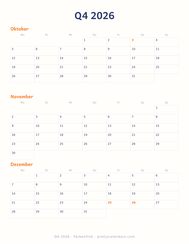 Druckbarer Monatskalender mit drei Monaten, Design Farbenfroh