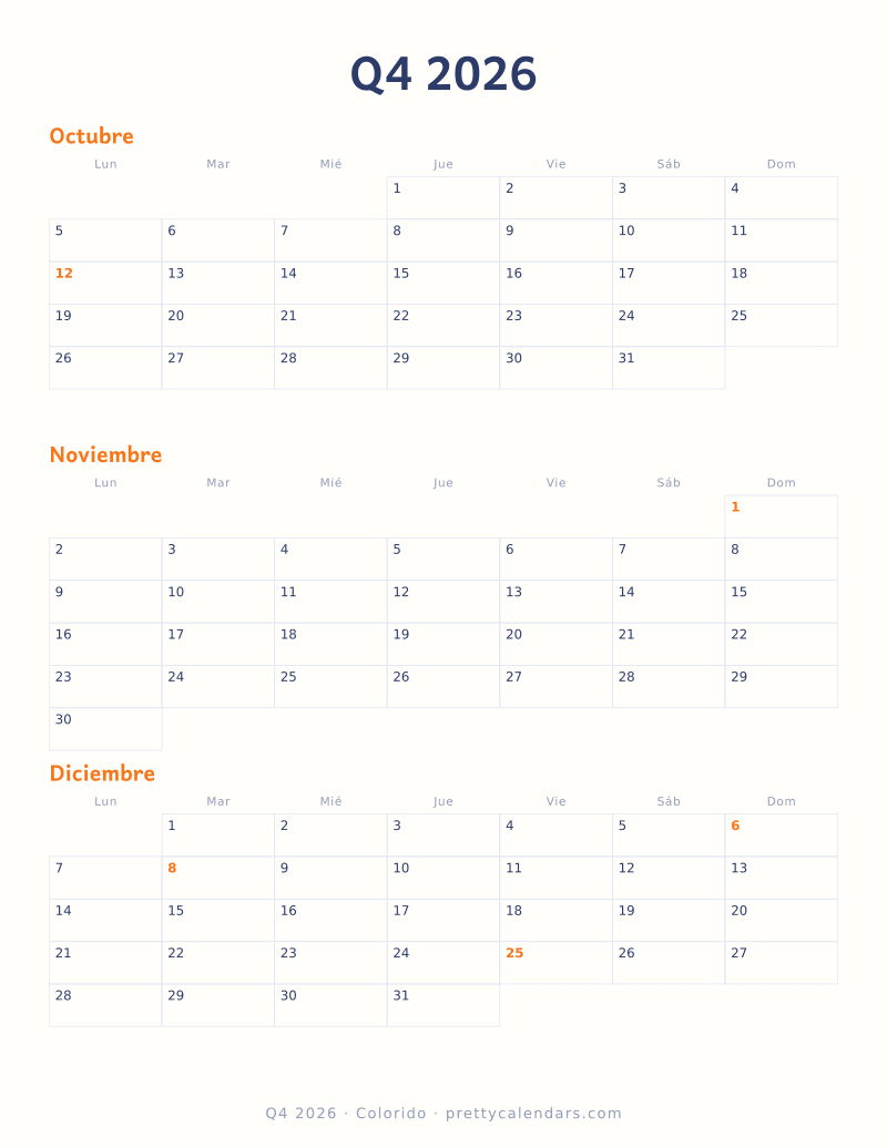 Calendario trimestral para imprimir con tres meses fechados en una hoja, estilo Colorido