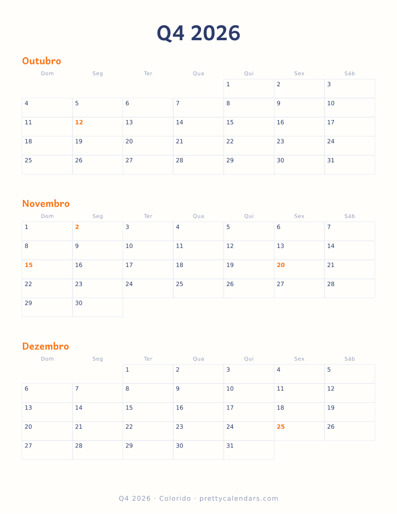 Calendário mensal para imprimir com três meses, estilo Colorido