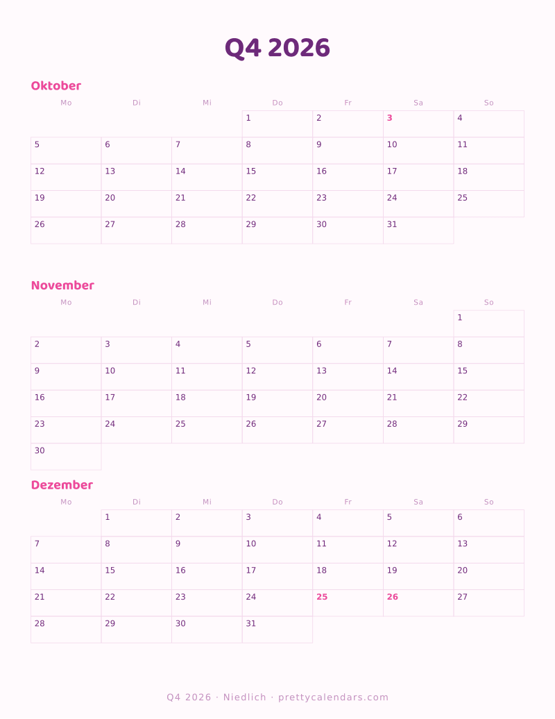 Druckbarer Dreimonatskalender Q4 2026, Design Niedlich