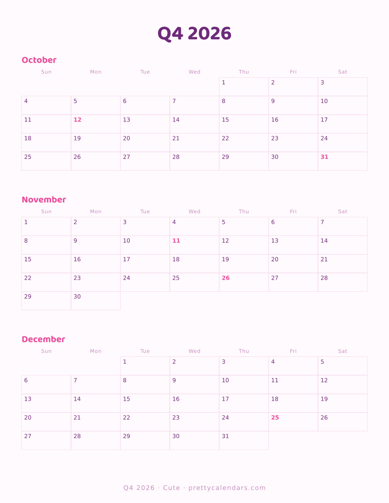 Q4 2026 three month printable calendar, Cute style