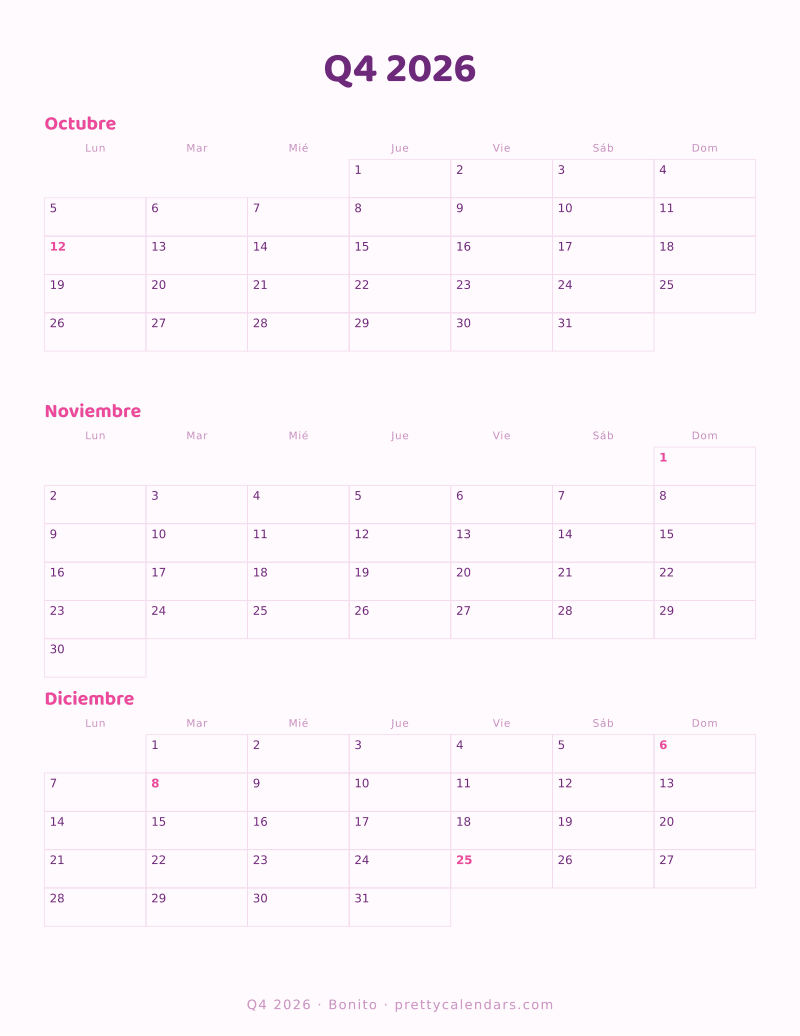 Calendario trimestral Q4 2026 para imprimir, estilo Bonito