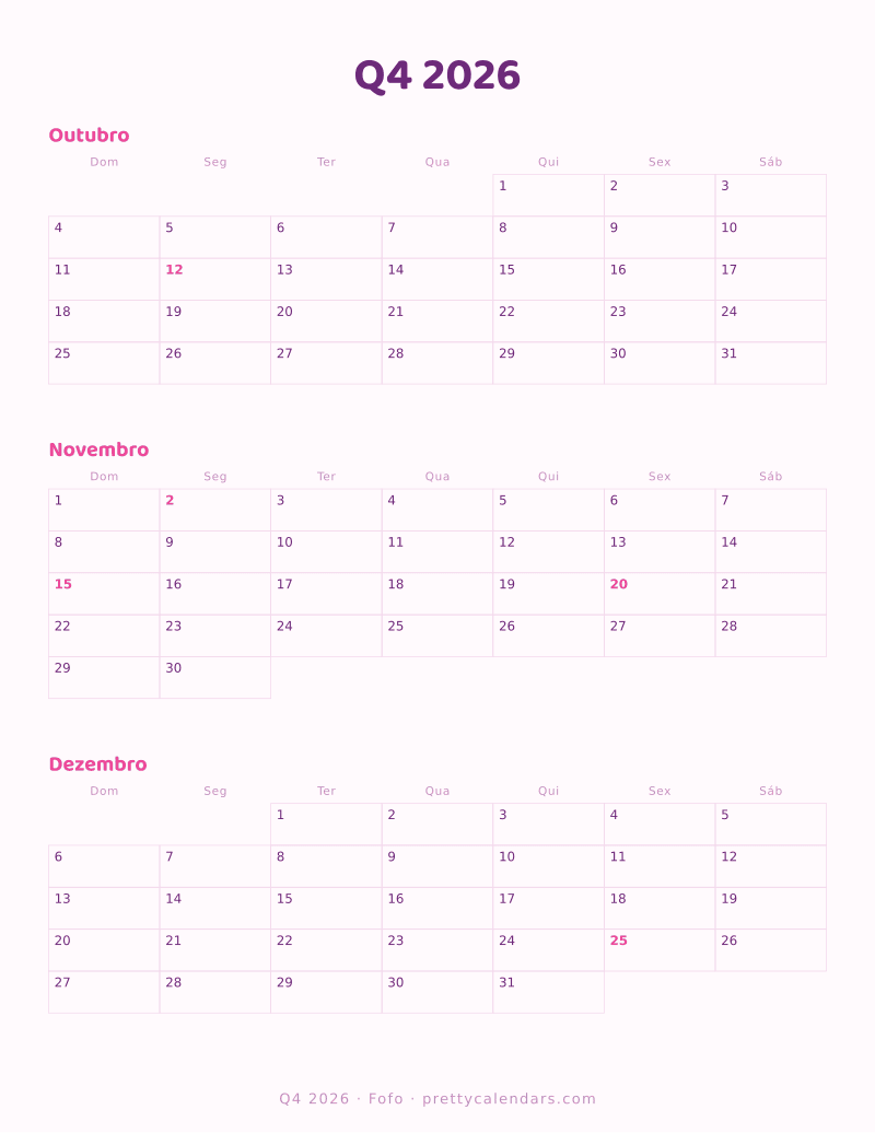 Calendário de três meses Q4 2026 para imprimir, estilo Fofo