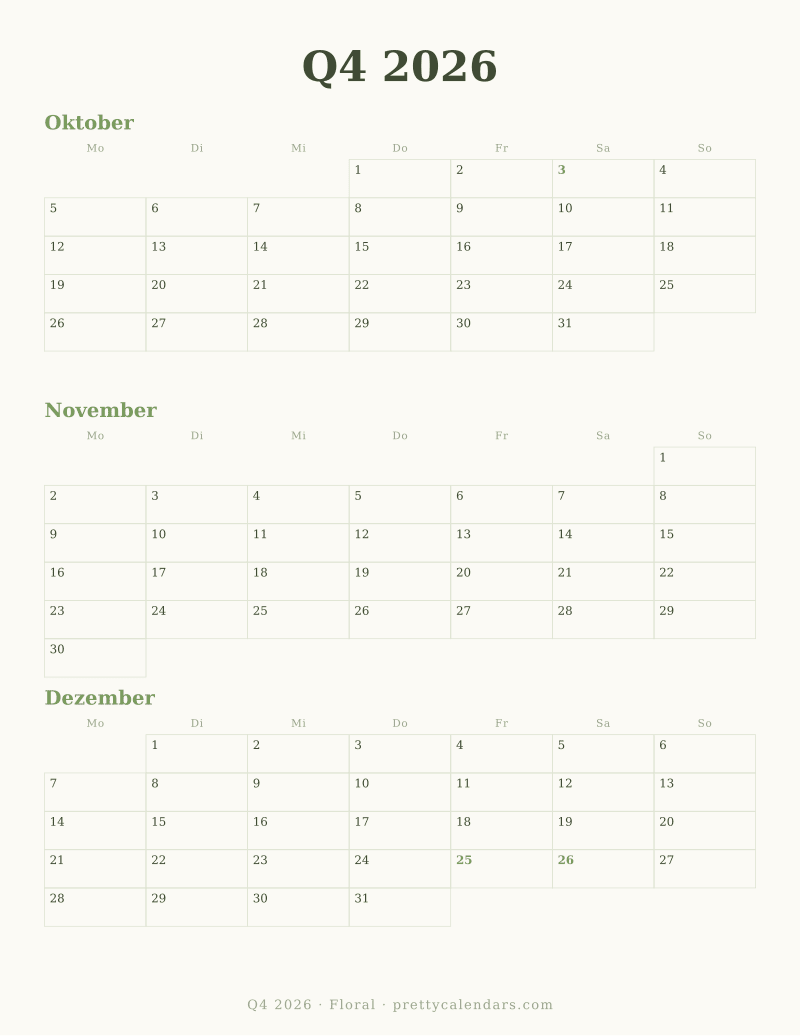 Druckbarer Monatskalender mit drei Monaten, Design Floral