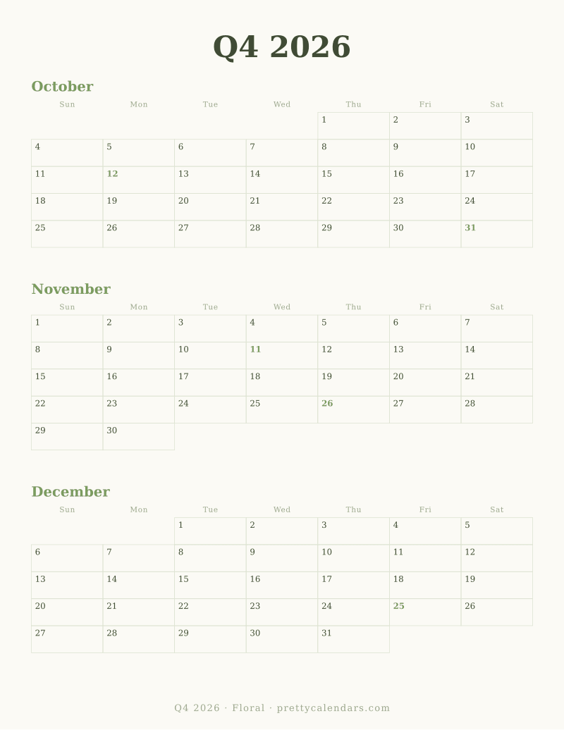 Printable quarterly calendar with three dated months on one page, Floral style