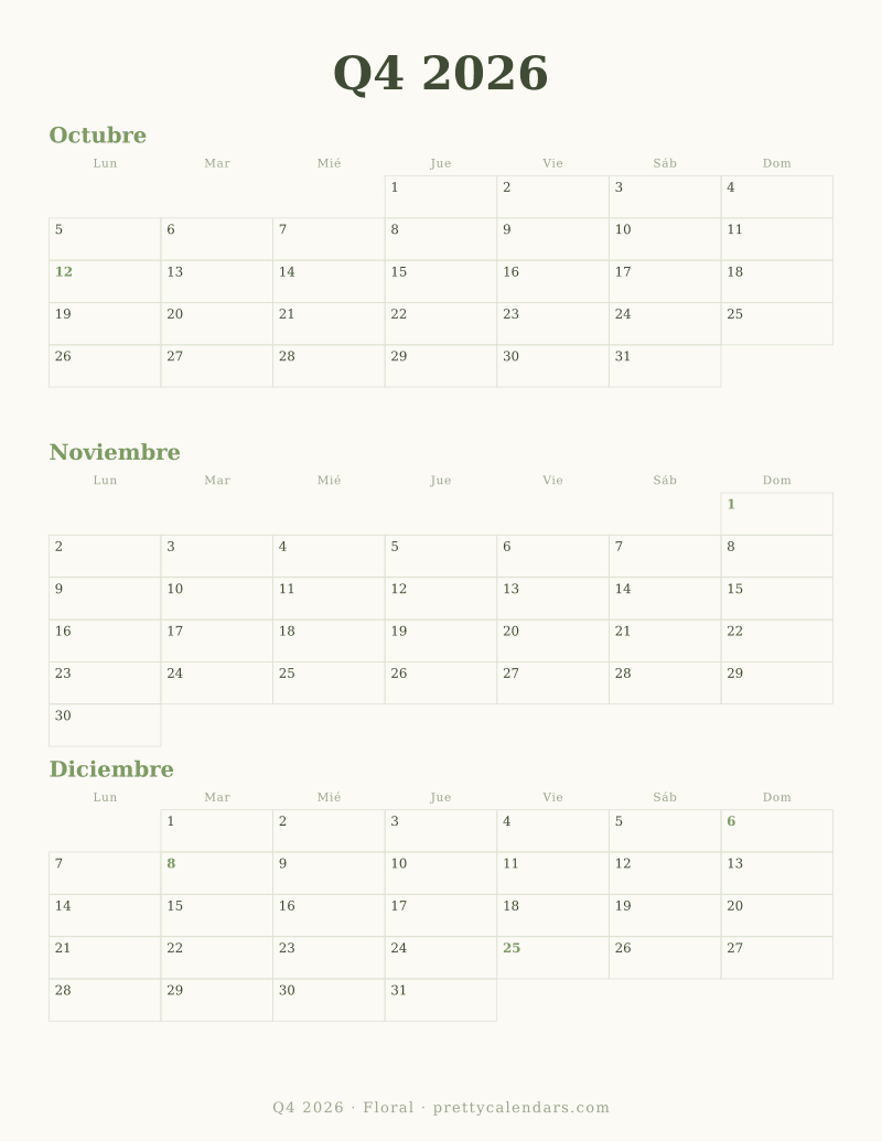 Calendario trimestral para imprimir con tres meses fechados en una hoja, estilo Floral