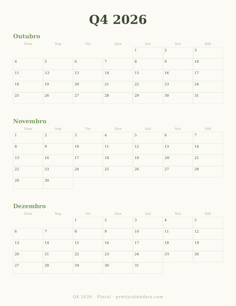 Calendário mensal para imprimir com três meses, estilo Floral