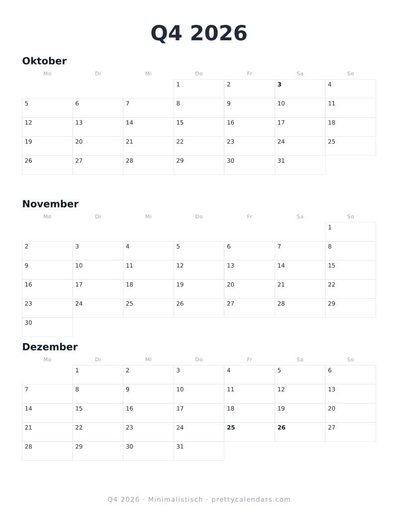 Druckbarer Dreimonatskalender Q4 2026, Design Minimalistisch