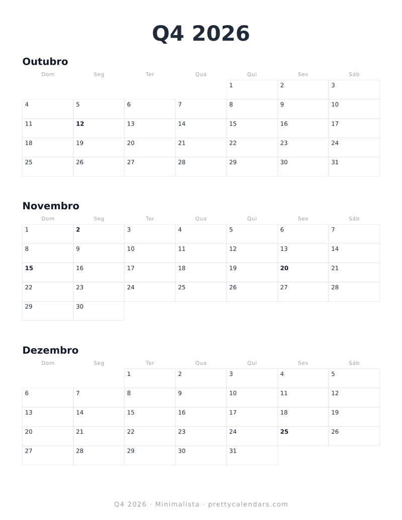 Calendário de três meses Q4 2026 para imprimir, estilo Minimalista
