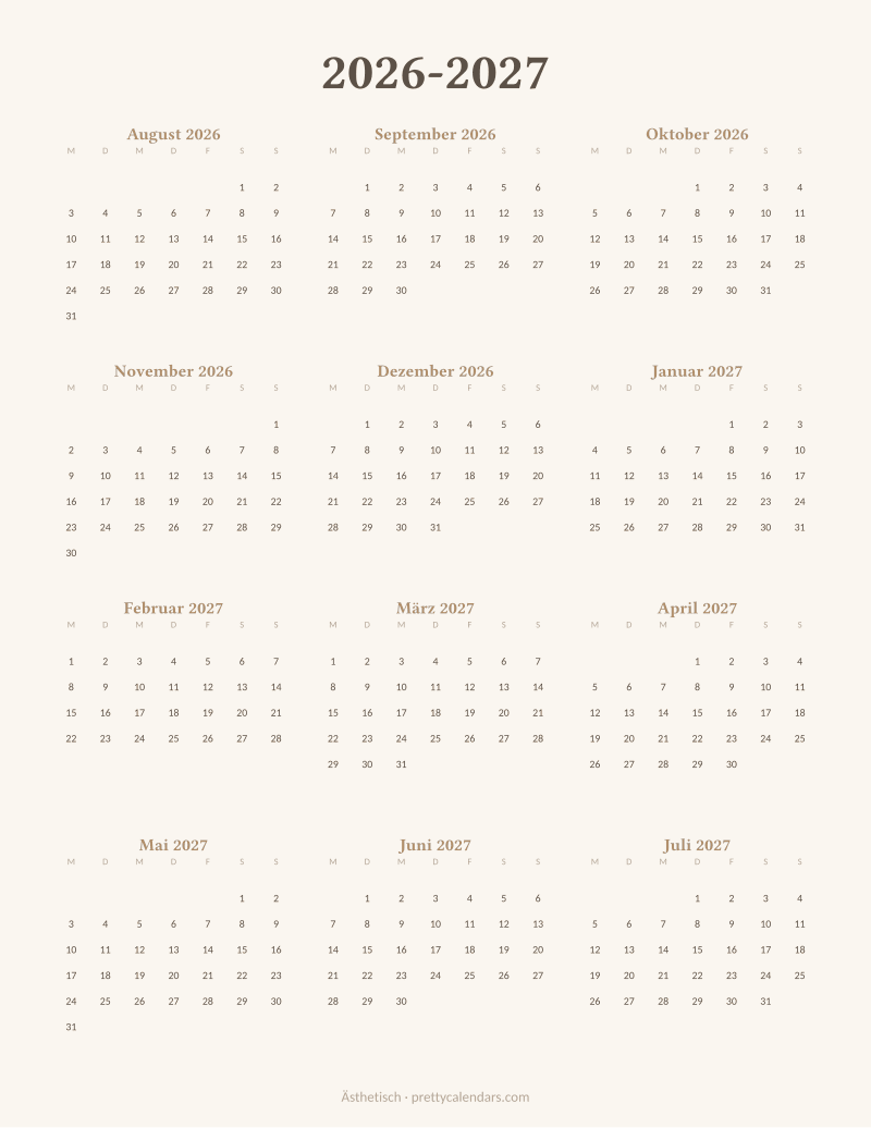 Druckbarer Schuljahreskalender 2026-2027, Design Ästhetisch