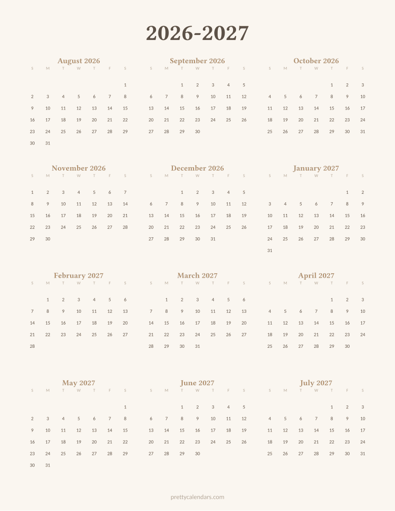 2026-2027 school year printable calendar, Aesthetic style