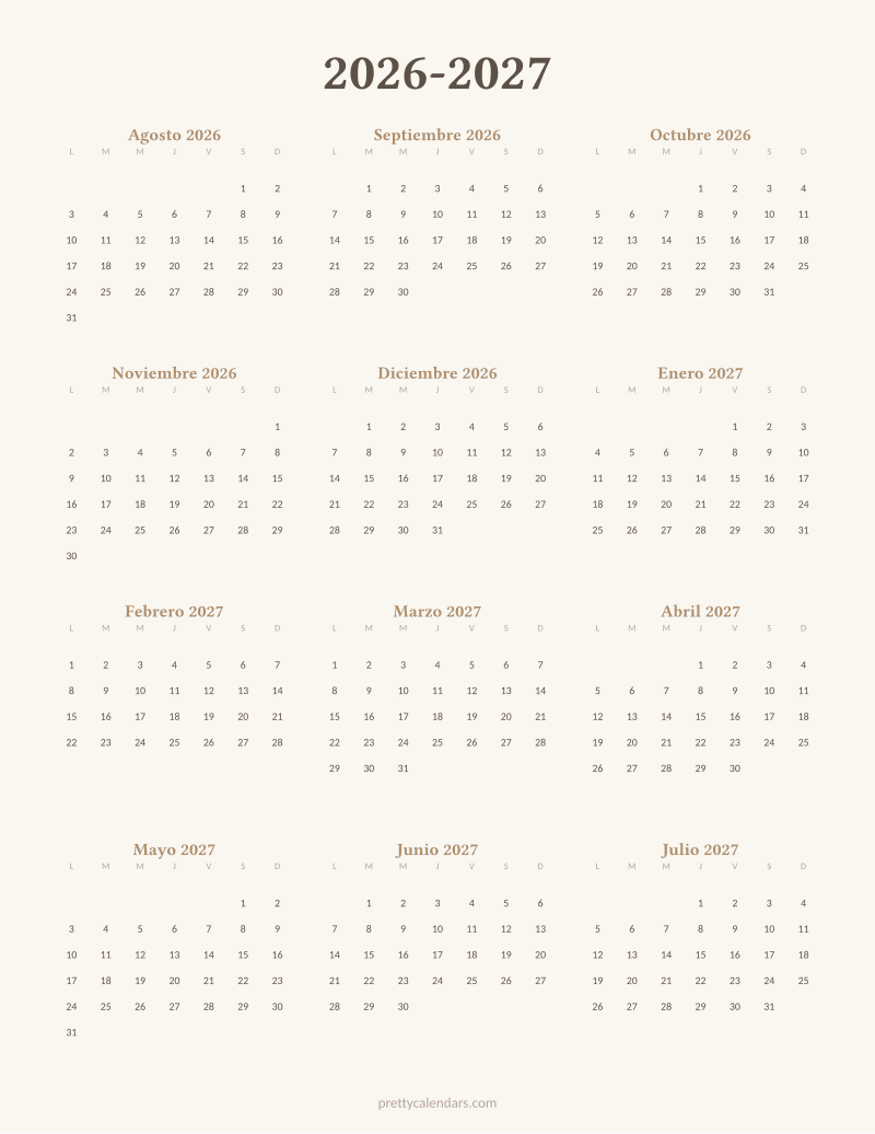 Calendario escolar 2026-2027 para imprimir, estilo Aesthetic
