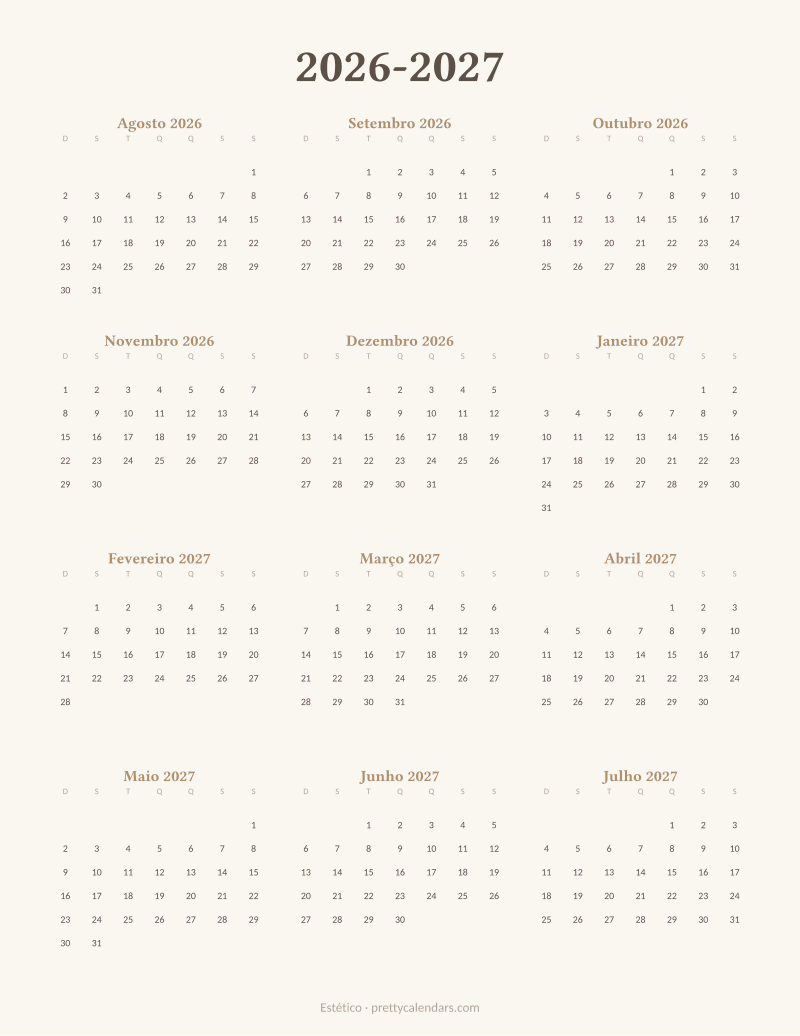 Calendário escolar 2026-2027 para imprimir, estilo Estético