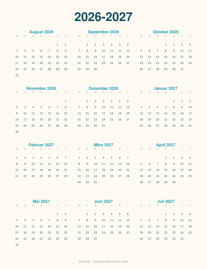 Druckbarer Schuljahreskalender 2026-2027, Design Strand