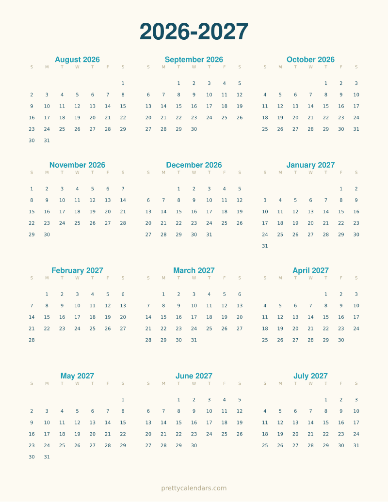 2026-2027 school year printable calendar, Beach style