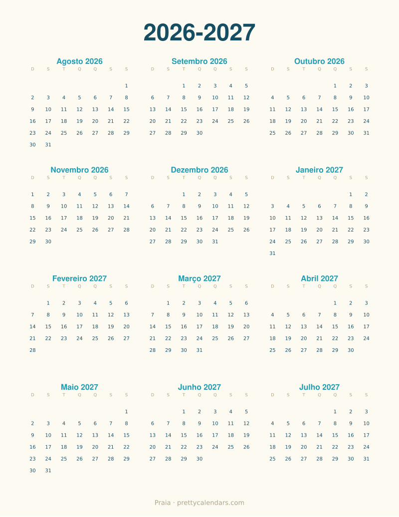Calendário escolar 2026-2027 para imprimir, estilo Praia