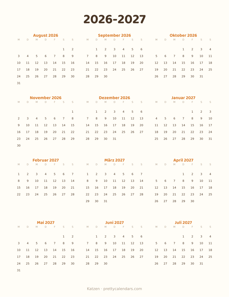 Druckbarer Schuljahreskalender 2026-2027, Design Katzen