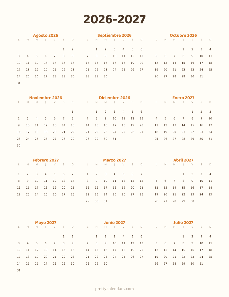 Calendario escolar 2026-2027 para imprimir, estilo Gatos