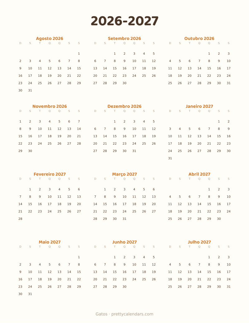Calendário escolar 2026-2027 para imprimir, estilo Gatos