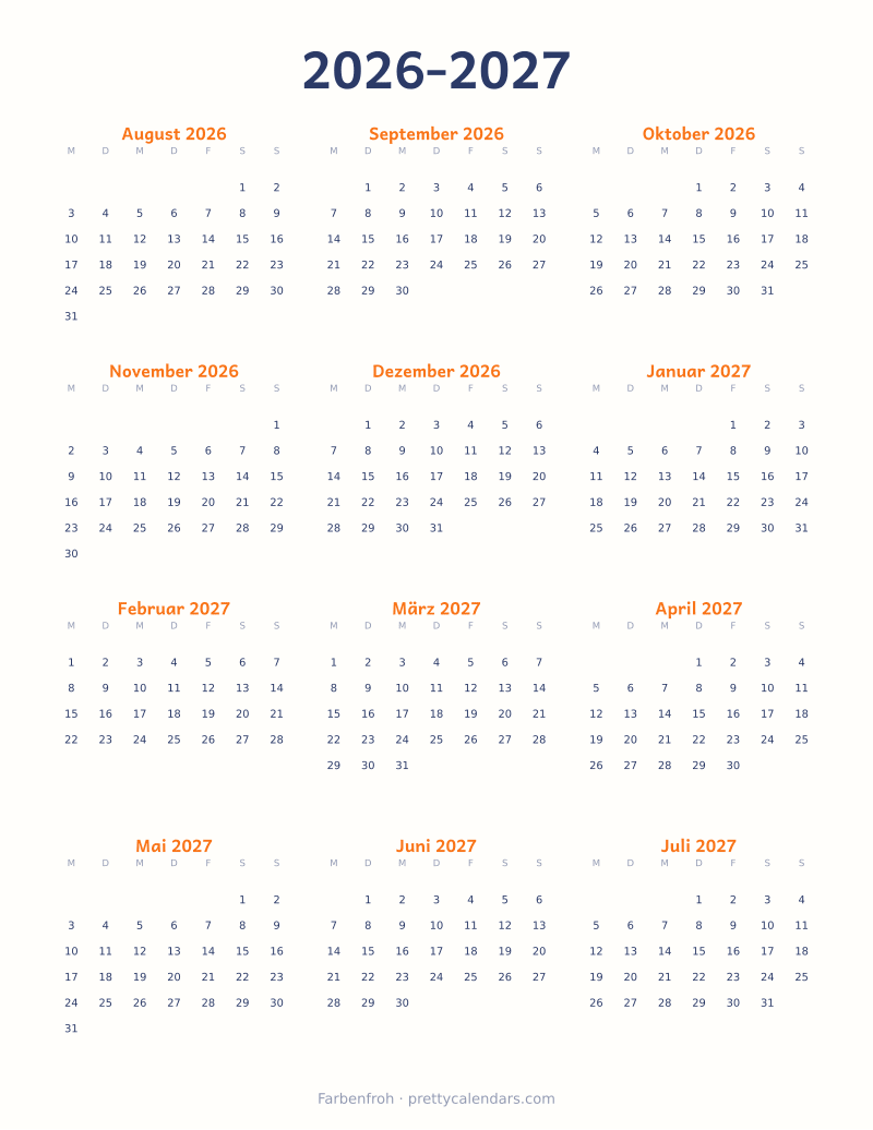 Druckbarer Schuljahreskalender 2026-2027, Design Farbenfroh