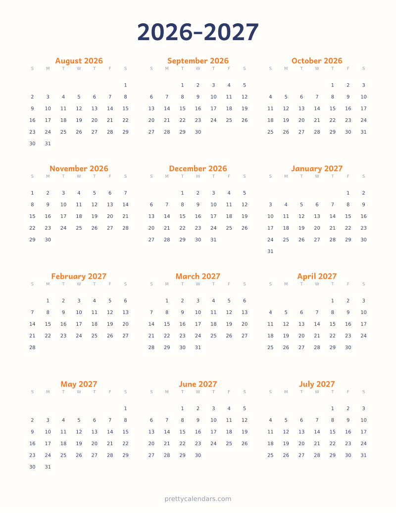 2026-2027 school year printable calendar, Colorful style