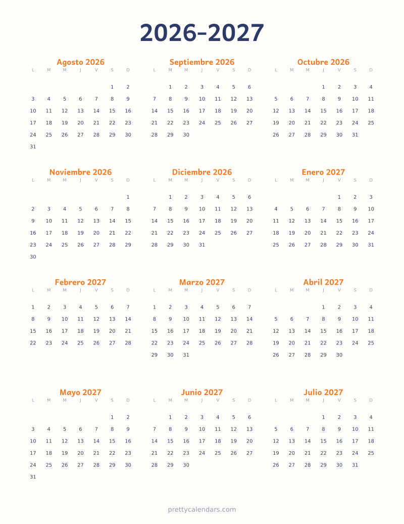 Calendario escolar 2026-2027 para imprimir, estilo Colorido
