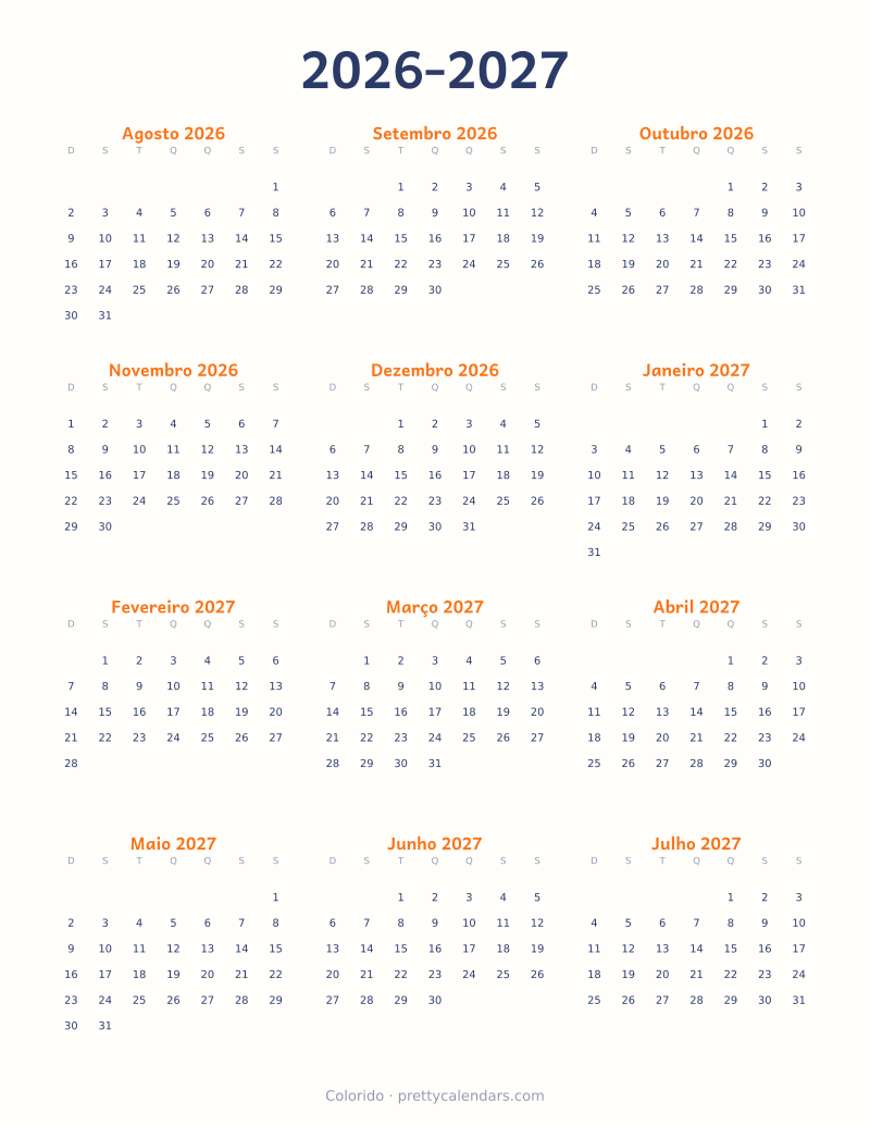 Calendário escolar 2026-2027 para imprimir, estilo Colorido