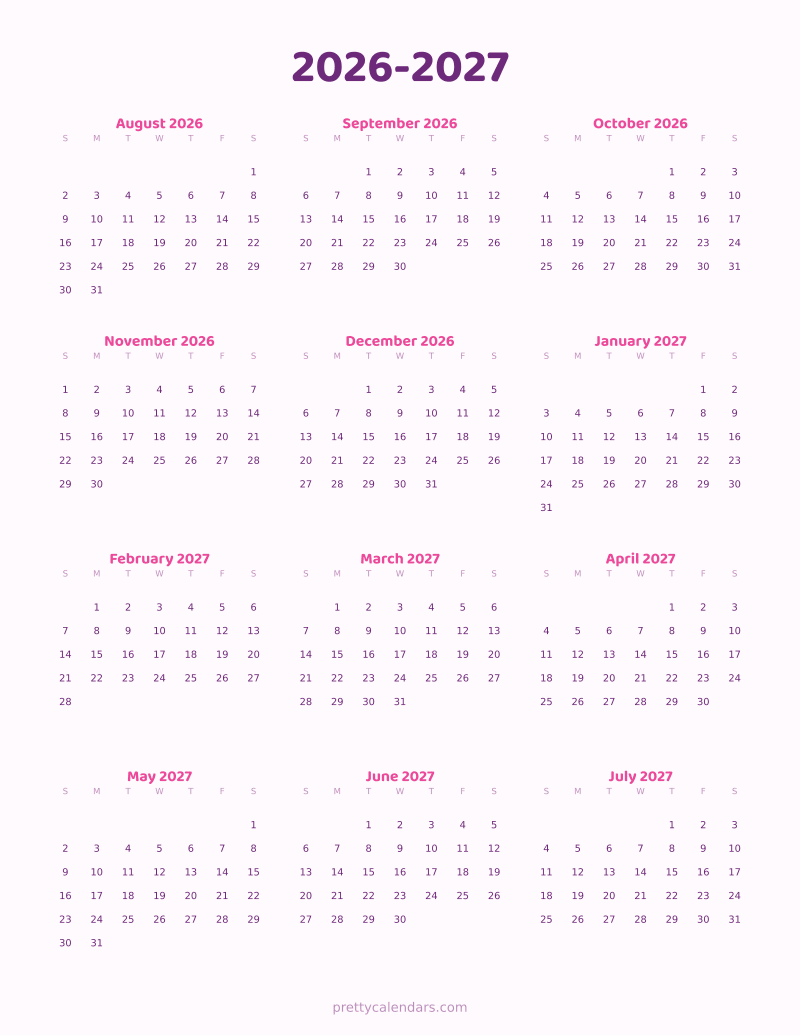 2026-2027 school year printable calendar, Cute style