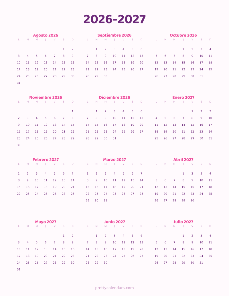 Calendario escolar 2026-2027 para imprimir, estilo Bonito