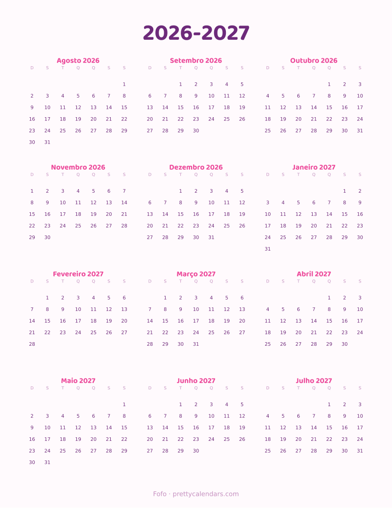 Calendário escolar 2026-2027 para imprimir, estilo Fofo