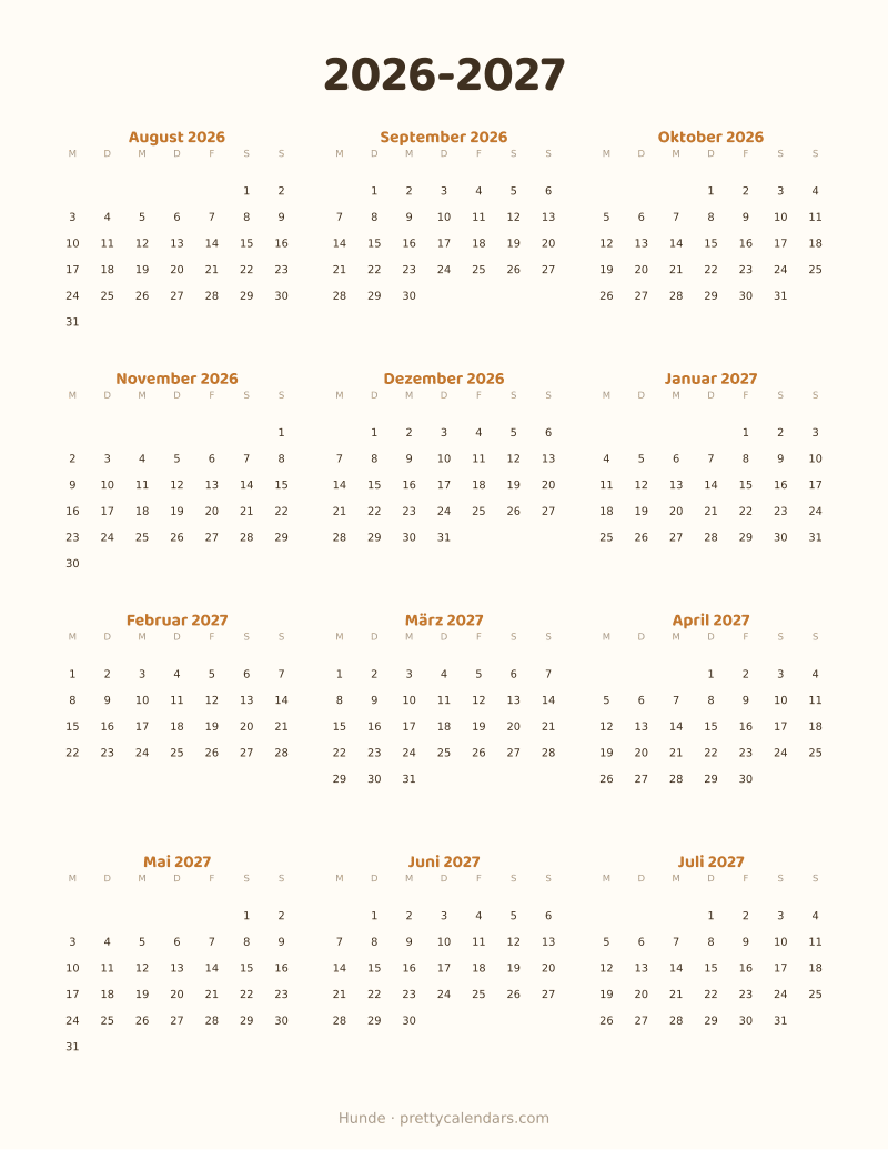 Druckbarer Schuljahreskalender 2026-2027, Design Hunde