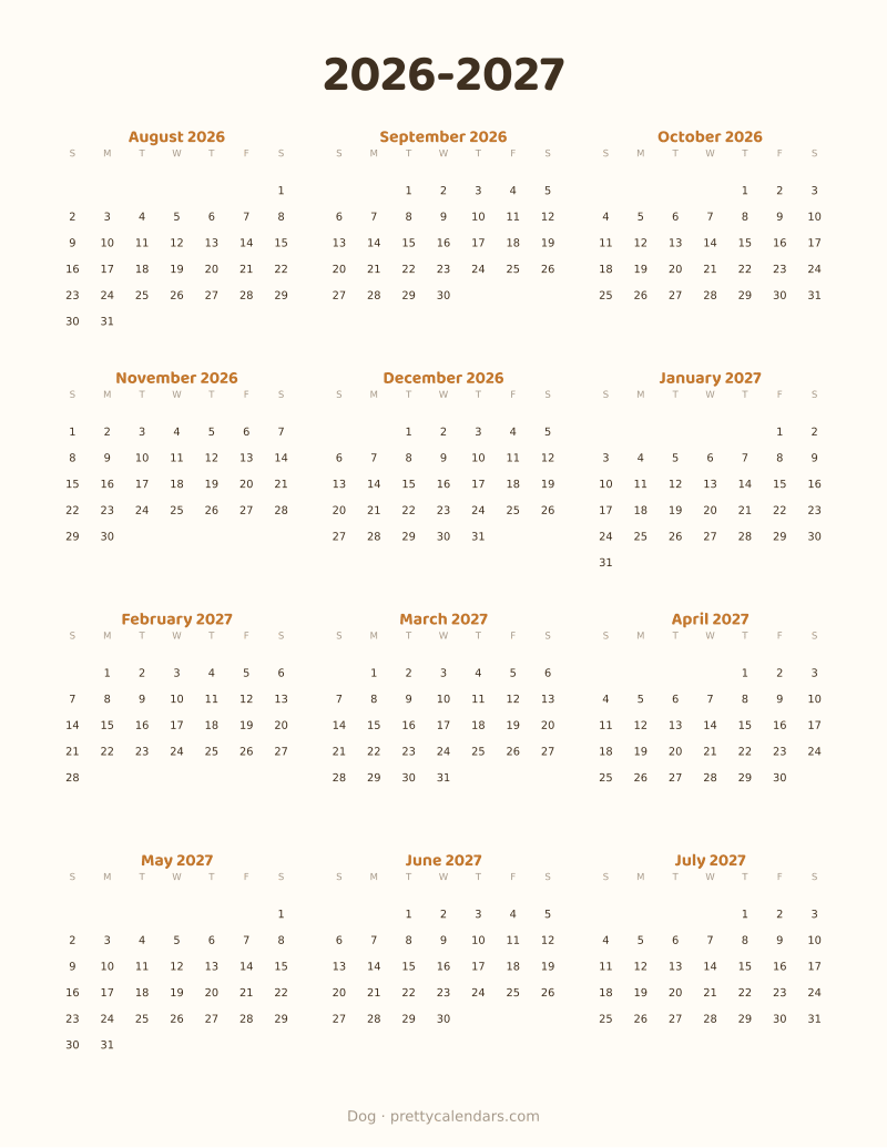 2026-2027 school year printable calendar, Dog style